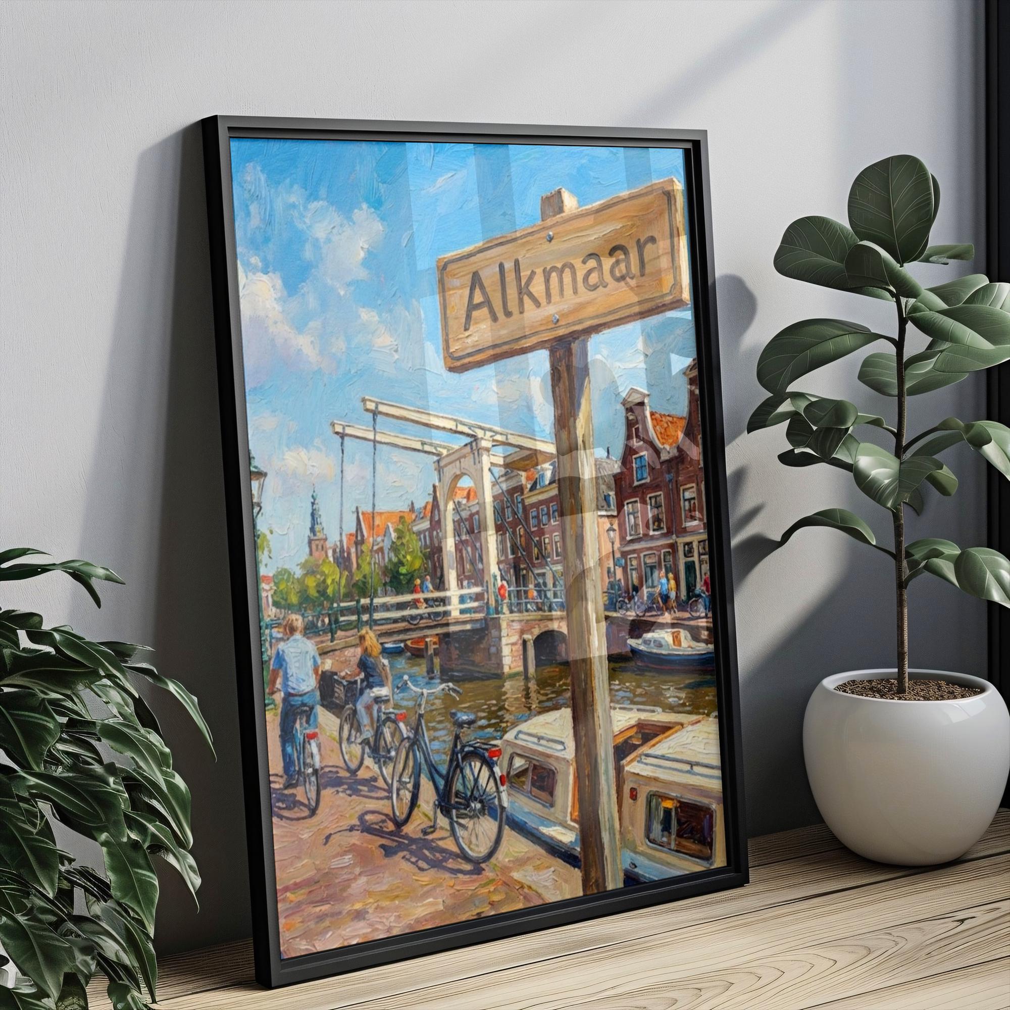 Alkmaar Oil Painting Art Print: Netherlands Canal Street Sign Travel Poster