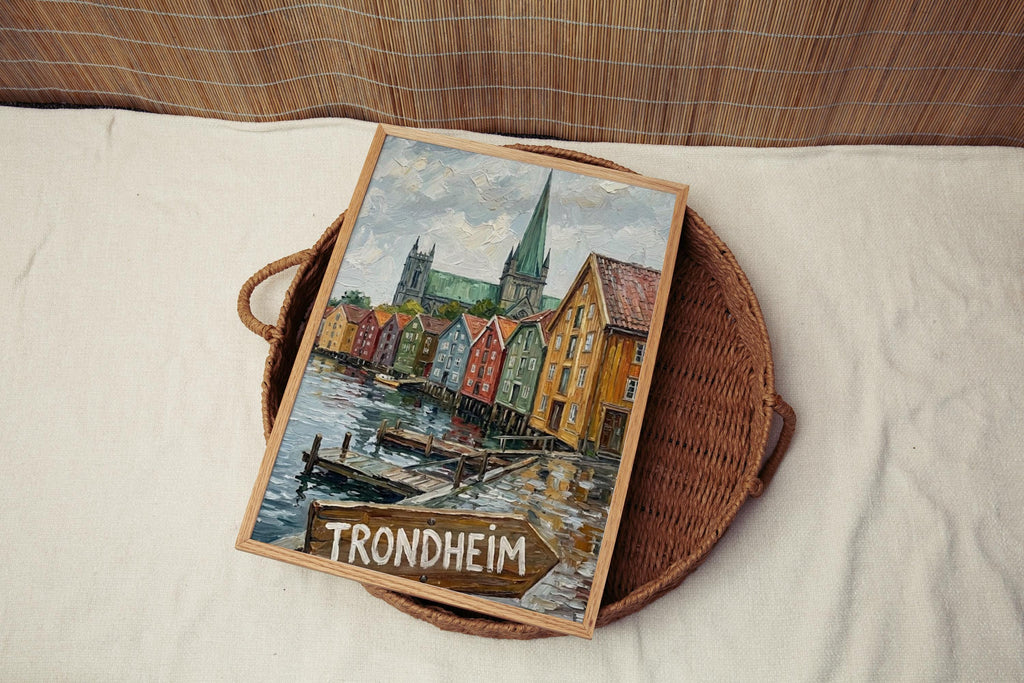 Trondheim Oil Painting Art Print: Norway Harbor Street Sign Travel Poster