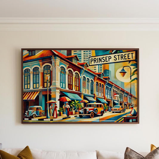 Prinsep Street Print - Singapore Travel Poster, Wall Art Souvenir, Housewarming Gift, Modern Cityscape Illustration