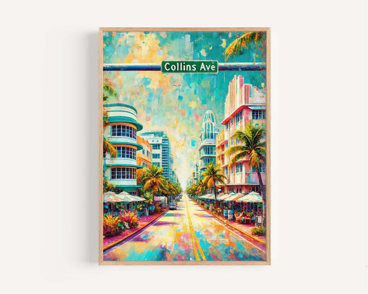 Collins Ave Print - Miami Beach Wall Art, Florida Travel Poster, Tropical Decor, Housewarming Gift, Coastal Canvas, Sunset Beach Art