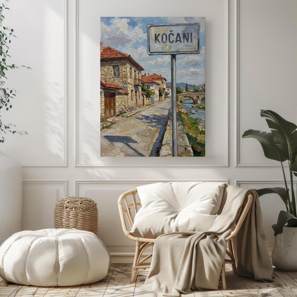Kočani Oil Painting Art Print: North Macedonia Street Sign Travel Poster