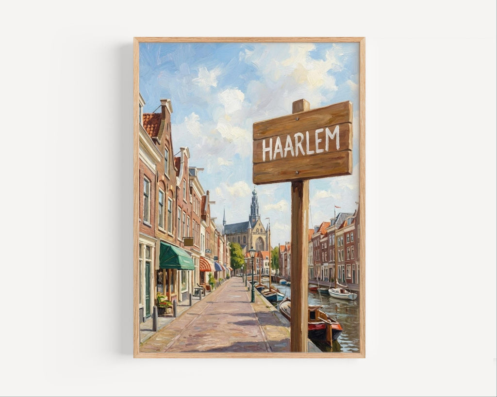 Haarlem Oil Painting Art Print: Netherlands Canal Street Sign Travel Poster