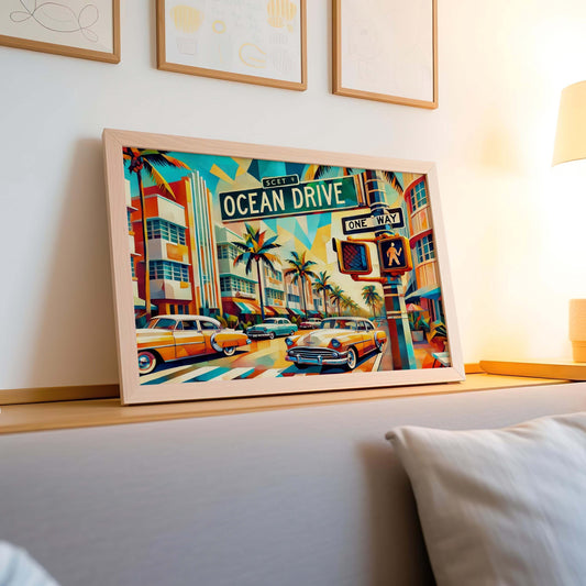 Travel Poster Ocean Drive Cubism Print - Miami Travel Art, Modern Wall Decor, Housewarming Gift, Stylish Beachroom Artwork