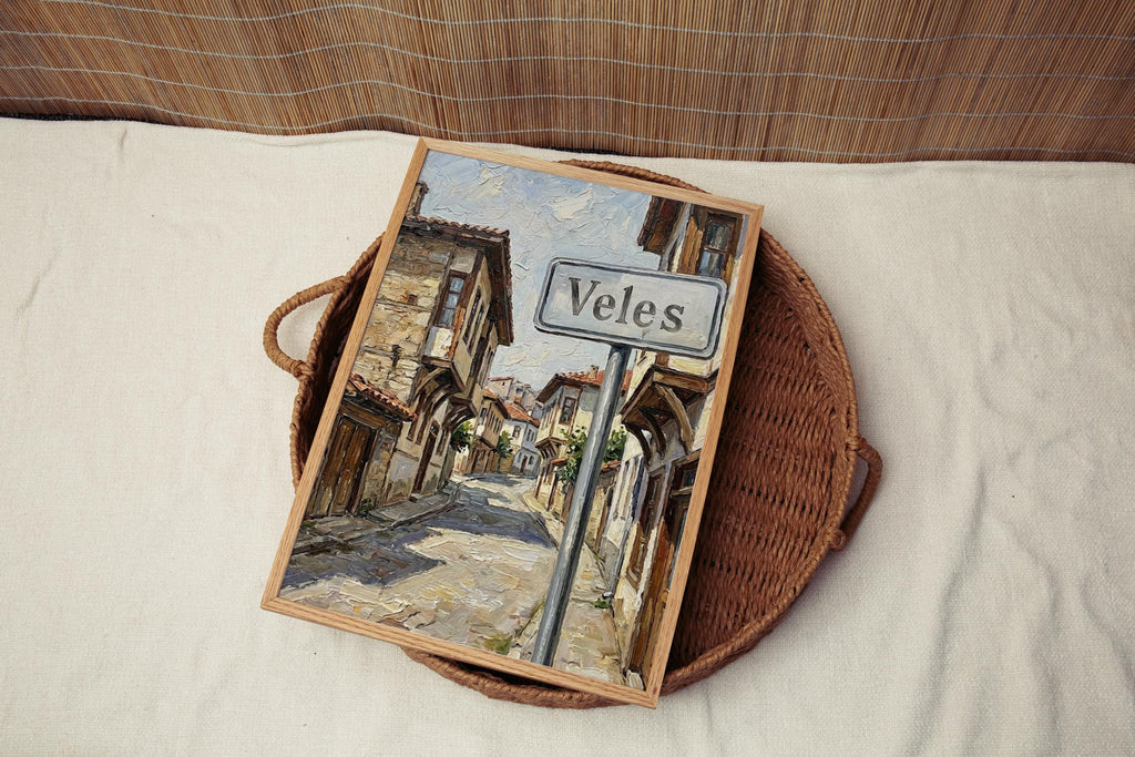 Veles Oil Painting Art Print: North Macedonia Street Sign Travel Poster
