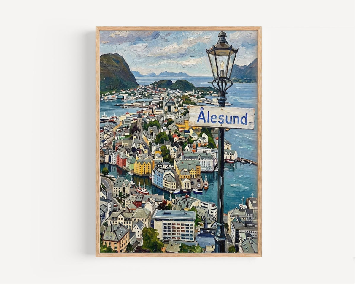 Alesund Oil Painting Art Print: Norway Coastal Street Sign Travel Poster