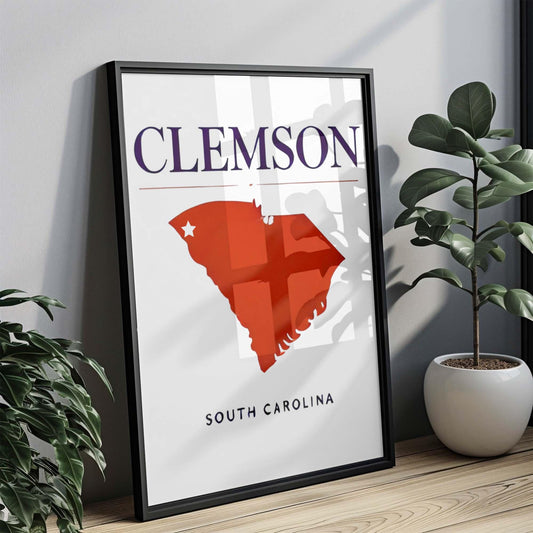 Clemson Print Wall Art - South Carolina Travel Home Decor, College Gift, Housewarming & SC Tigers Room Decoration