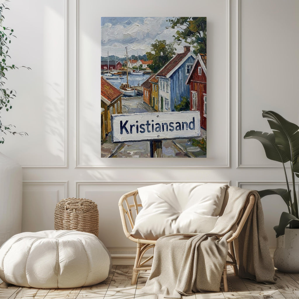 Kristiansand Oil Painting Art Print: Norway Coastal Street Sign Travel Poster