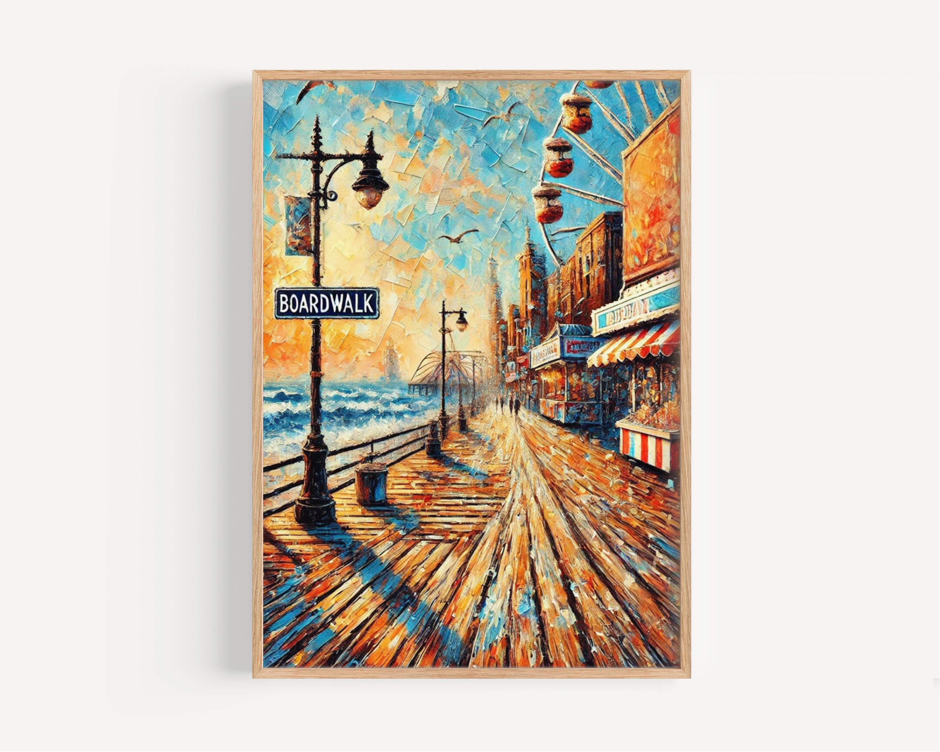 Boardwalk Oil Painting Art Print: Atlantic City Seaside Promenade Travel Poster