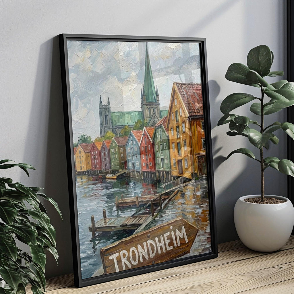 Trondheim Oil Painting Art Print: Norway Harbor Street Sign Travel Poster