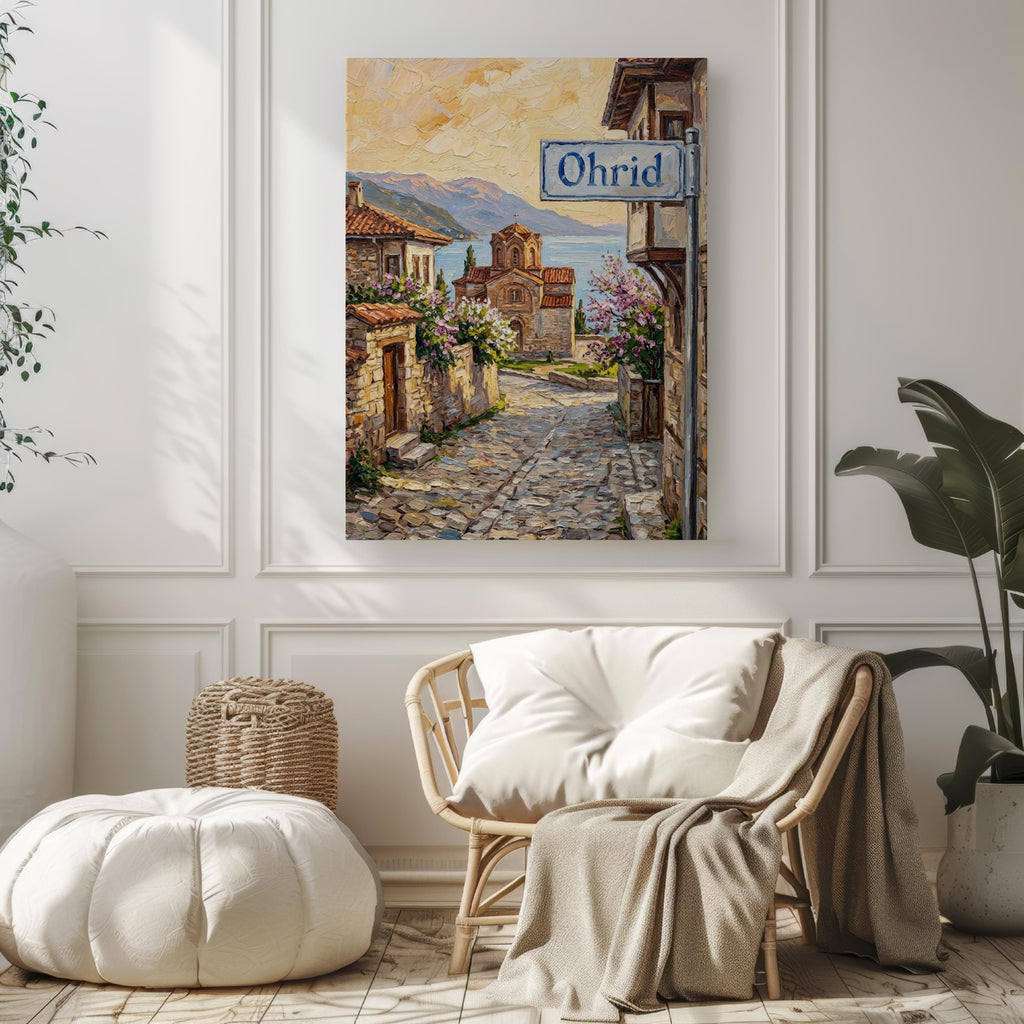 Ohrid Oil Painting Art Print: North Macedonia Lakeside Street Sign Travel Poster