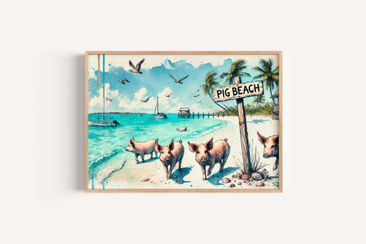 Pig Beach Print: Exuma Bahamas Swimming Pigs Coastal Wall Art