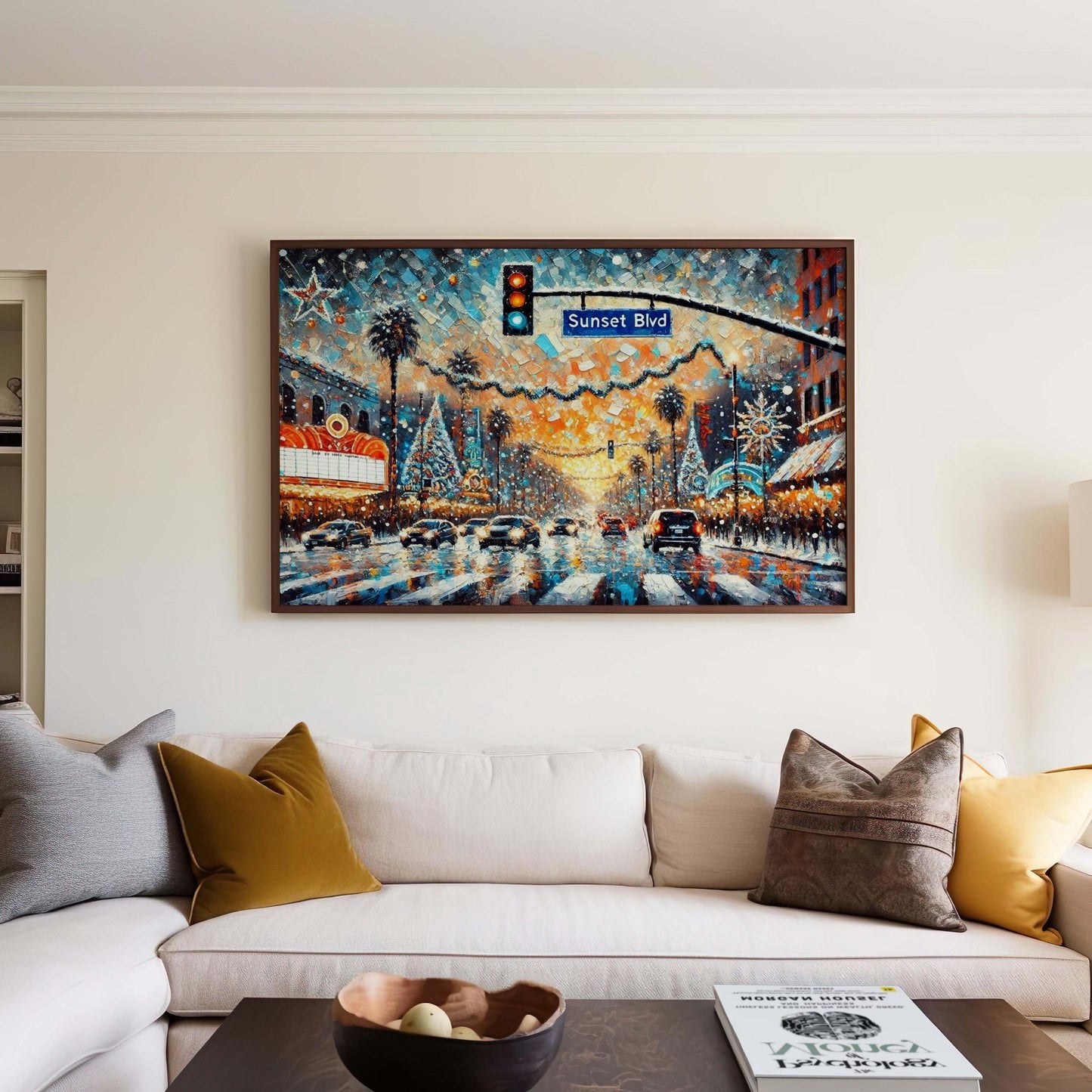 Sunset Boulevard Christmas Art Print – LA Winter Street Scene, Holiday City Decor