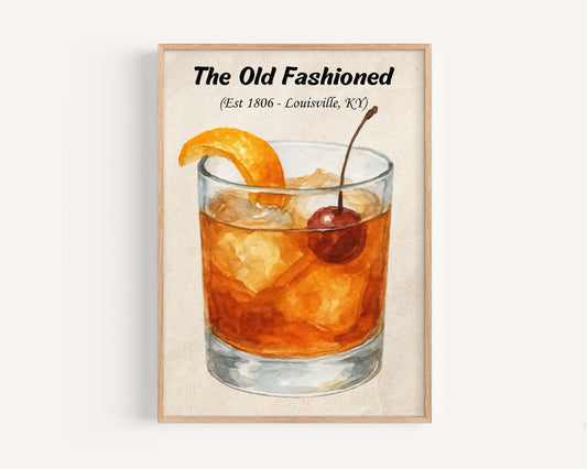 Old Fashion Cocktail Art Print, Vintage Liquor Illustration, Whiskey and Cherry Wall Decor, Retro Bar Art, Drink Lover Gift, Kitchen Decor