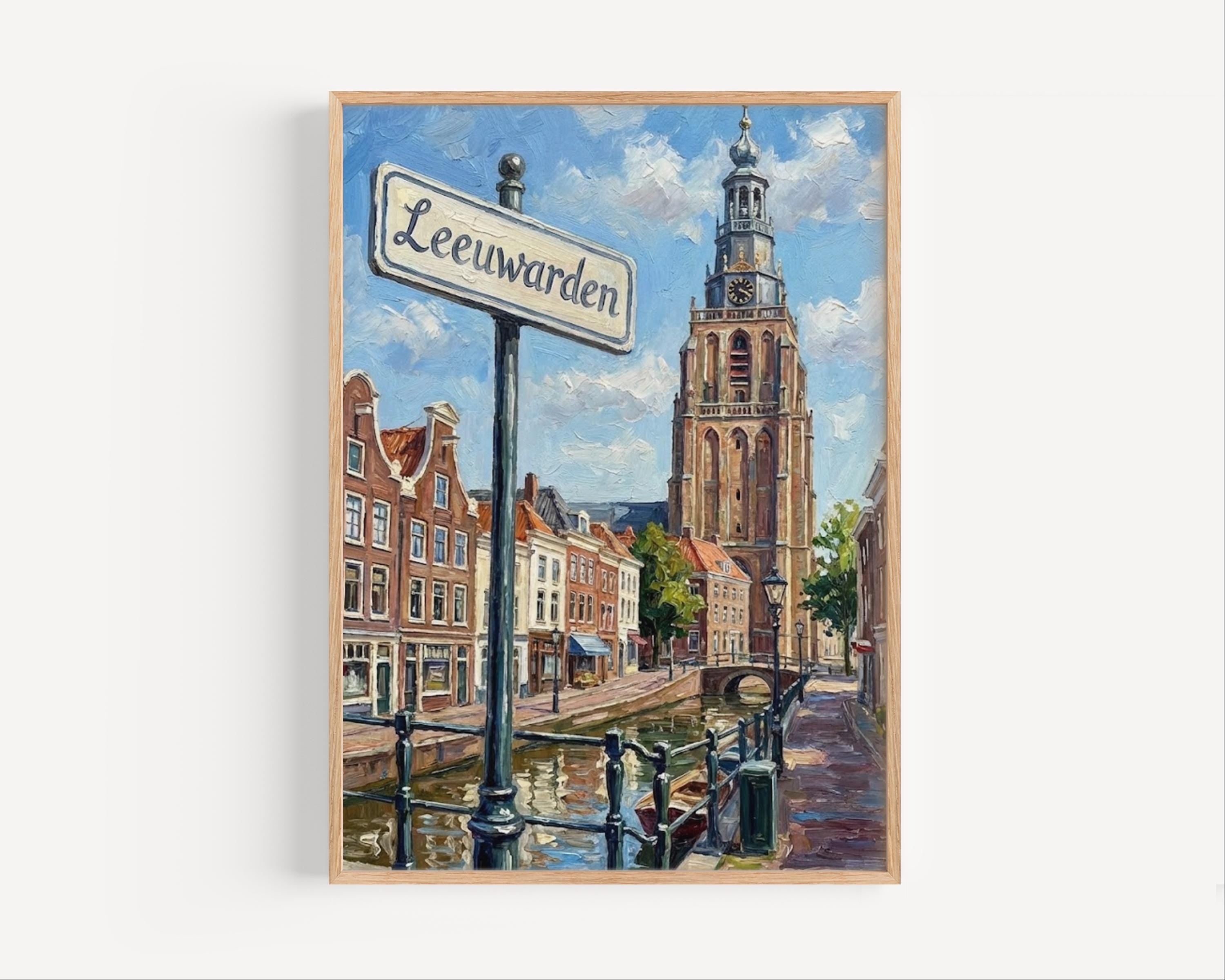 Leeuwarden Oil Painting Art Print: Netherlands Canal Street Sign Travel Poster