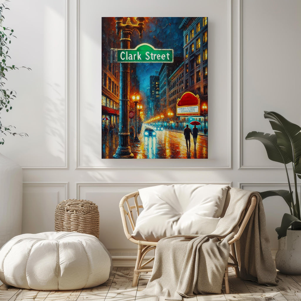 Clark Street Oil Painting Art Print: Chicago Street Sign Travel Poster