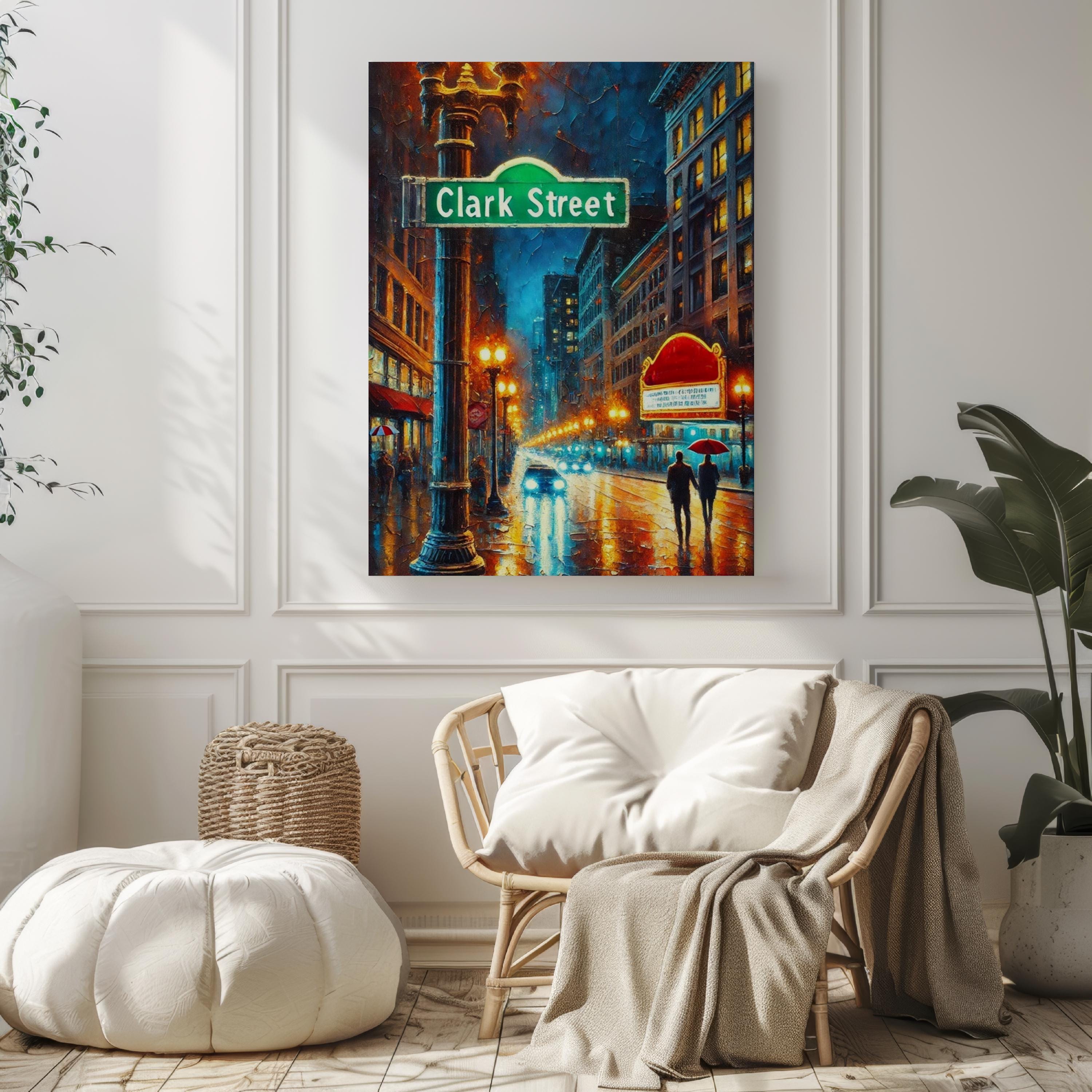 Clark Street Oil Painting Art Print: Chicago Street Sign Travel Poster