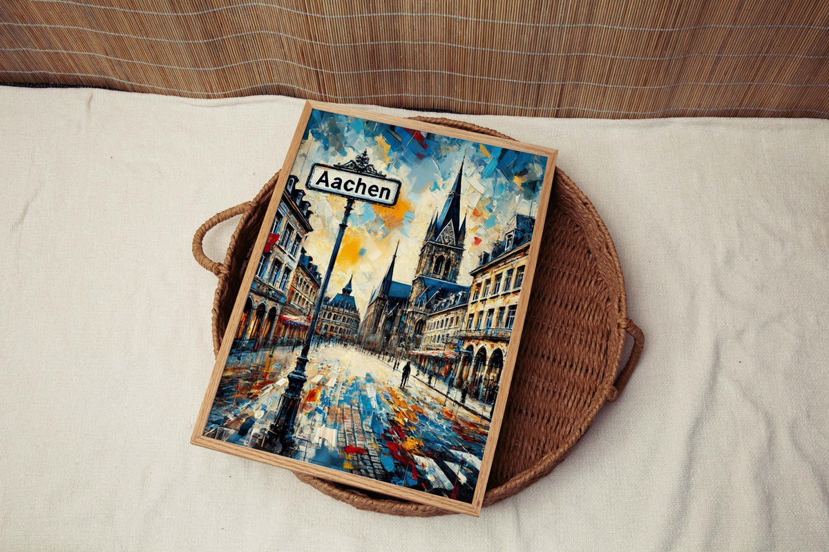 The Aachen Art Print‚ÄîGermany City Wall Art, Travel Poster, European Home Decor, and Housewarming Gift‚Äîfeatures a vibrant cityscape with historic buildings, displayed framed on a round wicker tray over a cream-colored fabric.