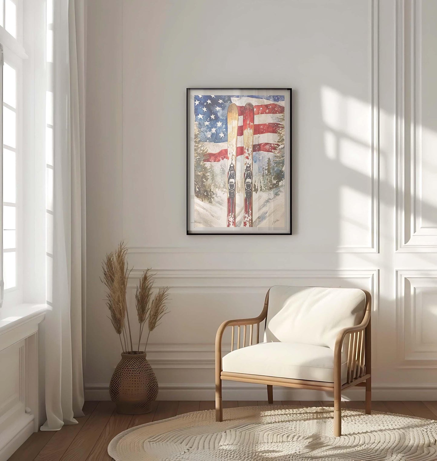 USA Skiing Wall Art Patriotic Winter Decor | American Independence Poster | United States Home Decoration | Ski Sports Artwork USA Flag
