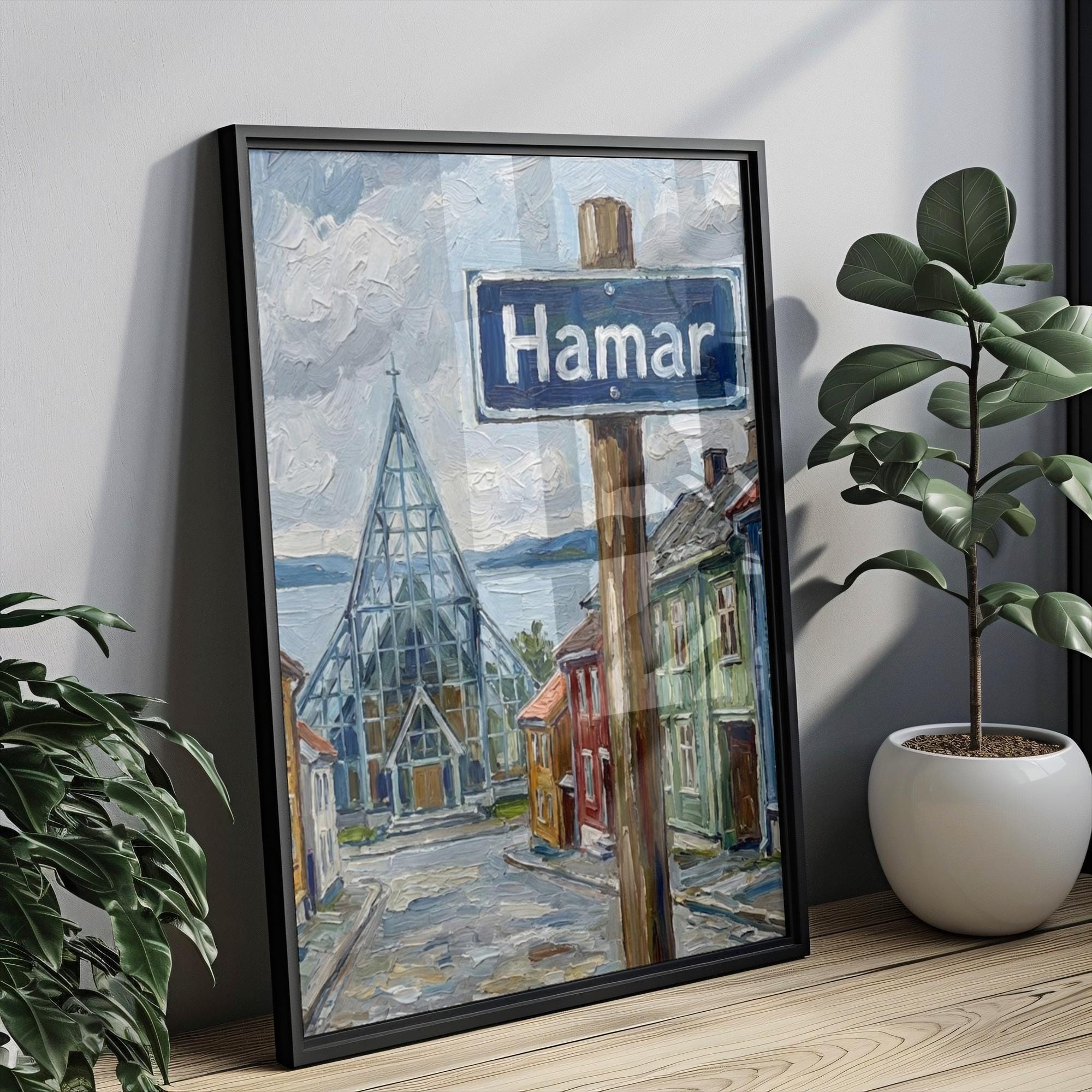Hamar Oil Painting Art Print: Norway Lakeside Street Sign Travel Poster
