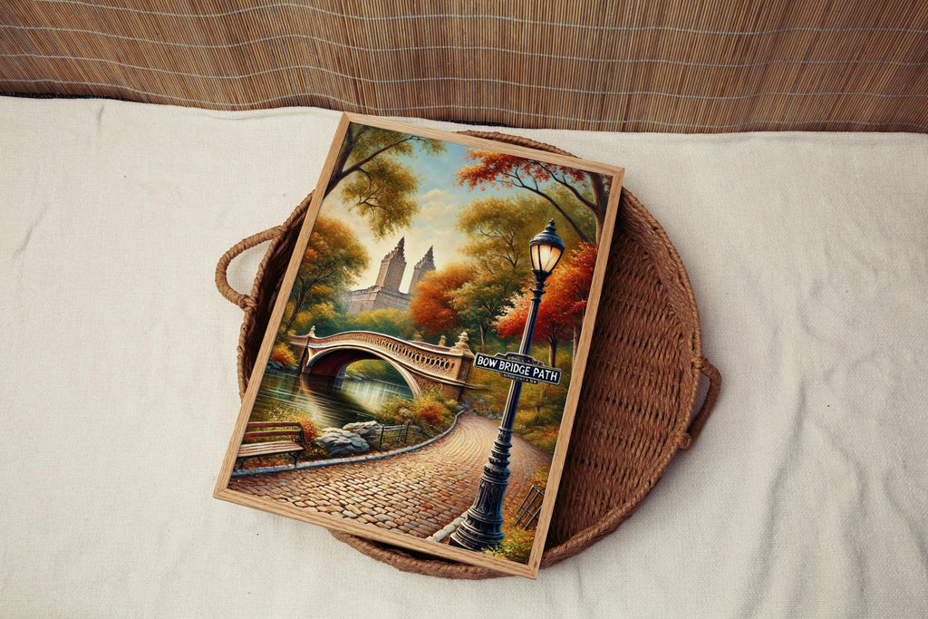 Bow Bridge Path Oil Painting Art Print: Central Park NYC Travel Poster