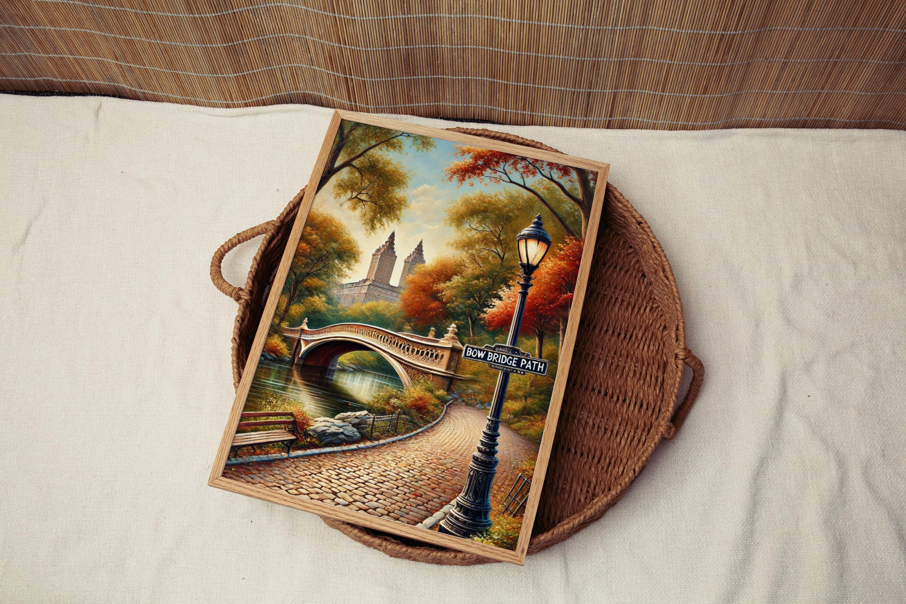 Bow Bridge Path Oil Painting Art Print: Central Park NYC Travel Poster