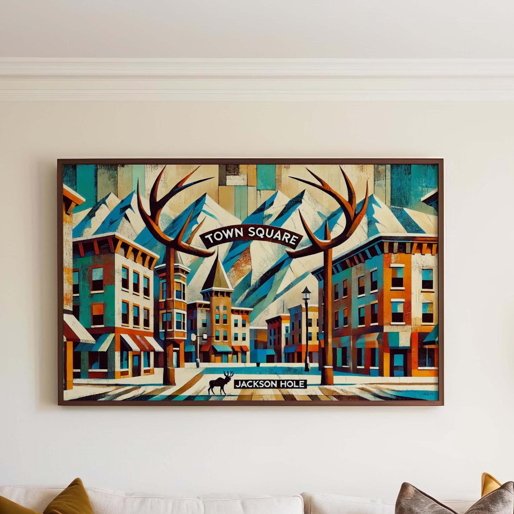 Town Square Print Jackson Hole Art Travel Poster Wyoming Wall Art Housewarming Gift Town Square Wall Art Decor