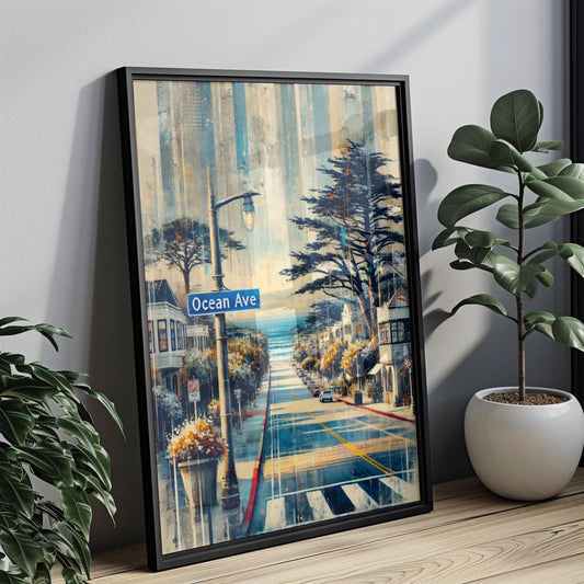 California Ocean Ave Wall Art - Coastal Travel Print & Beach Housewarming Decor, California Gift, Coastal Wall Poster, Seaside Artwork