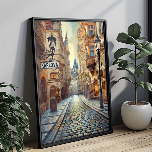 Prague Karlova St Wall Art Print - Travel Poster, Czech Republic Gift, Housewarming Decor, Prague Cityscape Illustration