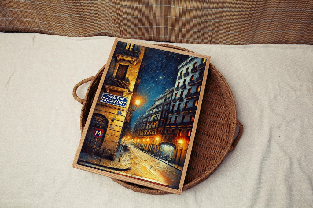 Carrer de Rocafort Oil Painting Art Print: Barcelona Spain Street Sign Travel Poster