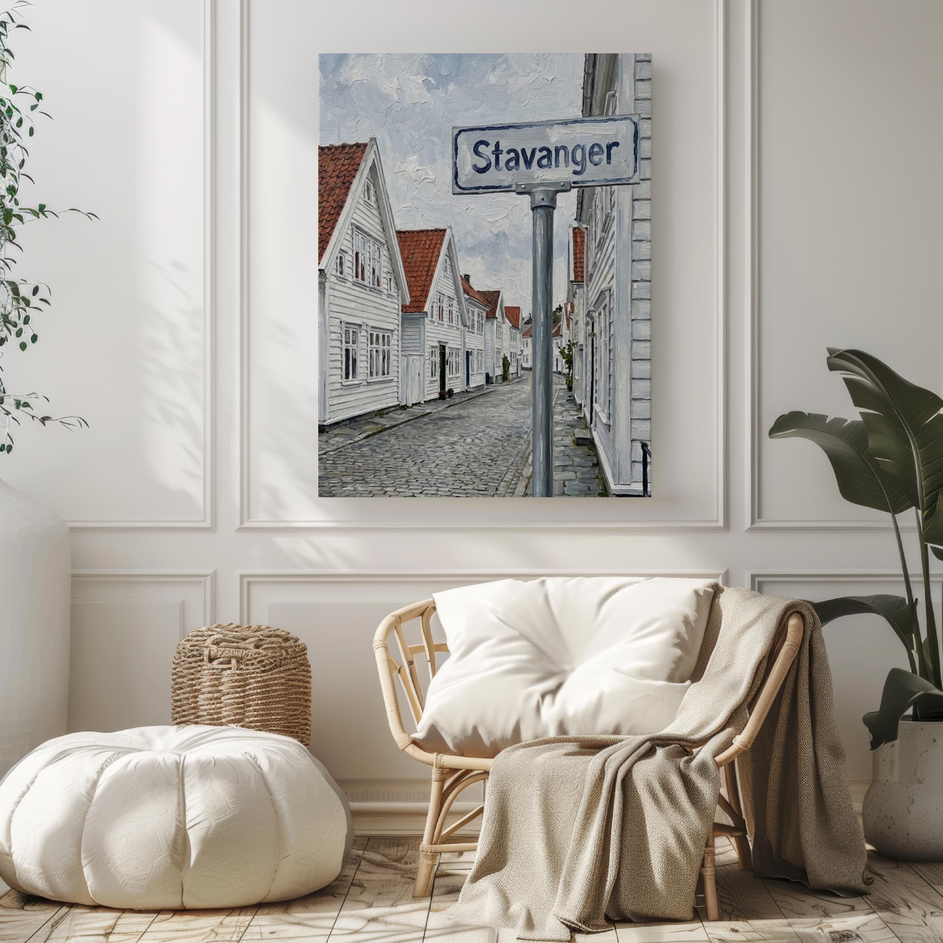 Stavanger Oil Painting Art Print: Norway Coastal Street Sign Travel Poster