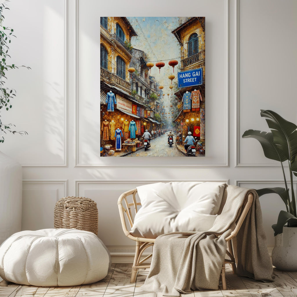 Hang Gai Street Oil Painting Art Print: Hanoi Vietnam Street Sign Travel Poster
