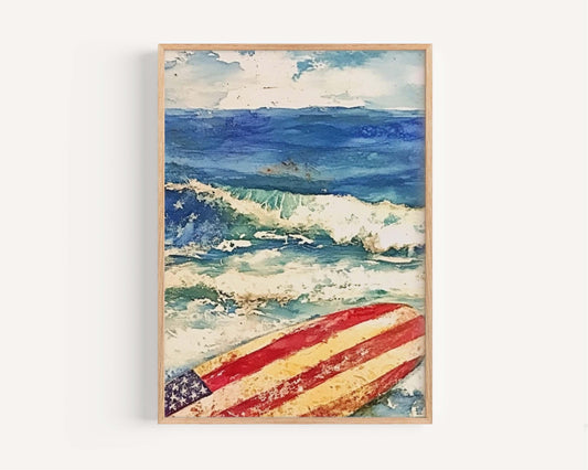 Surfing Artwork USA Wall Art Patriotic Beach House Decor Summer Poster United States Coastal Home Decoration