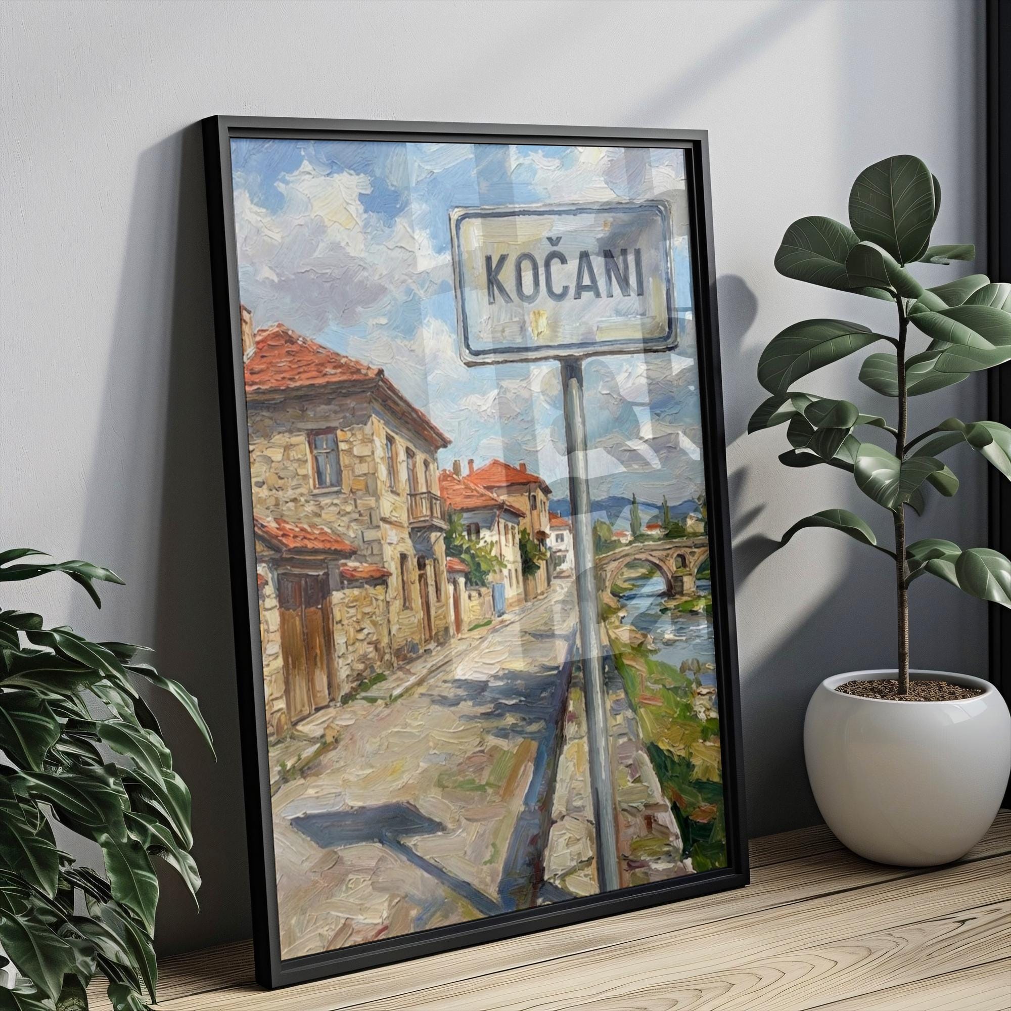 Kočani Oil Painting Art Print: North Macedonia Street Sign Travel Poster