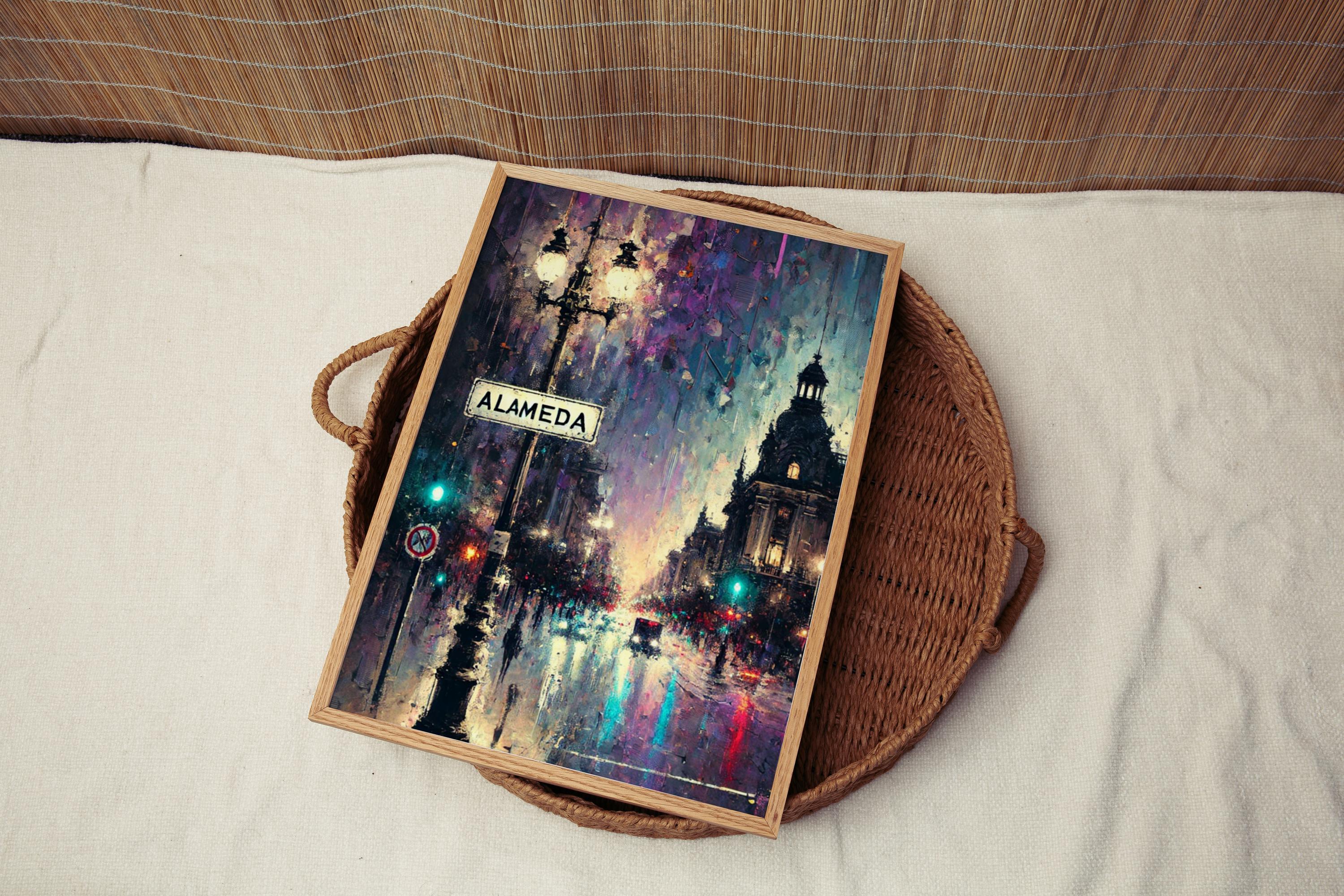 Alameda Oil Painting Art Print: Santiago Chile Street Sign Travel Poster