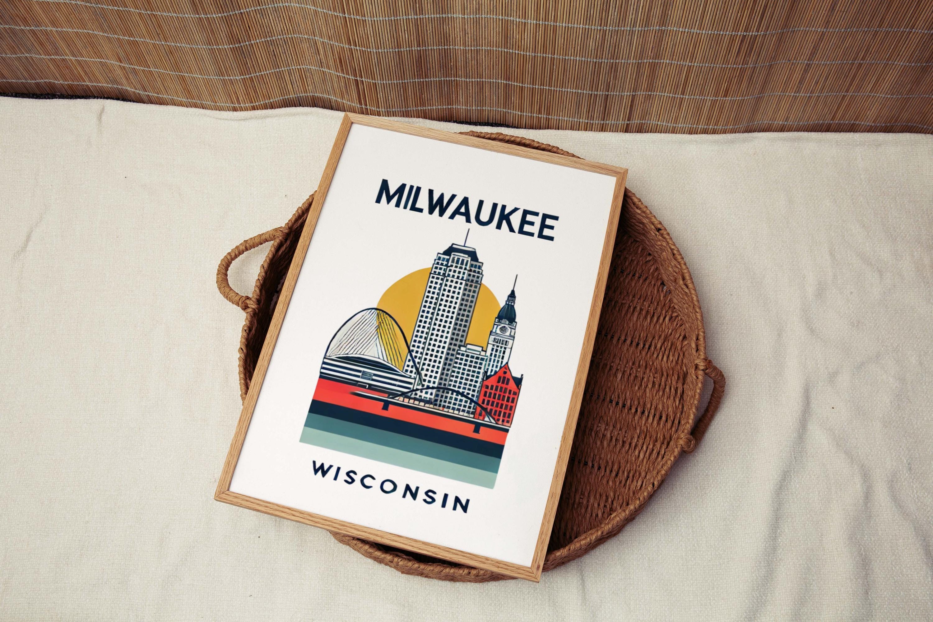 Milwaukee Print Wall Art - Wisconsin Travel Map, Home Decor, Housewarming & College Gift, WI City Skyline Poster