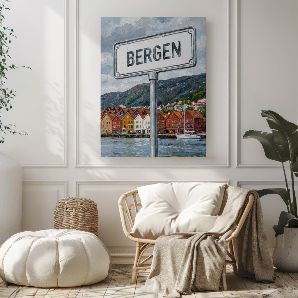 Bergen Oil Painting Art Print: Norway Fjord Street Sign Travel Poster