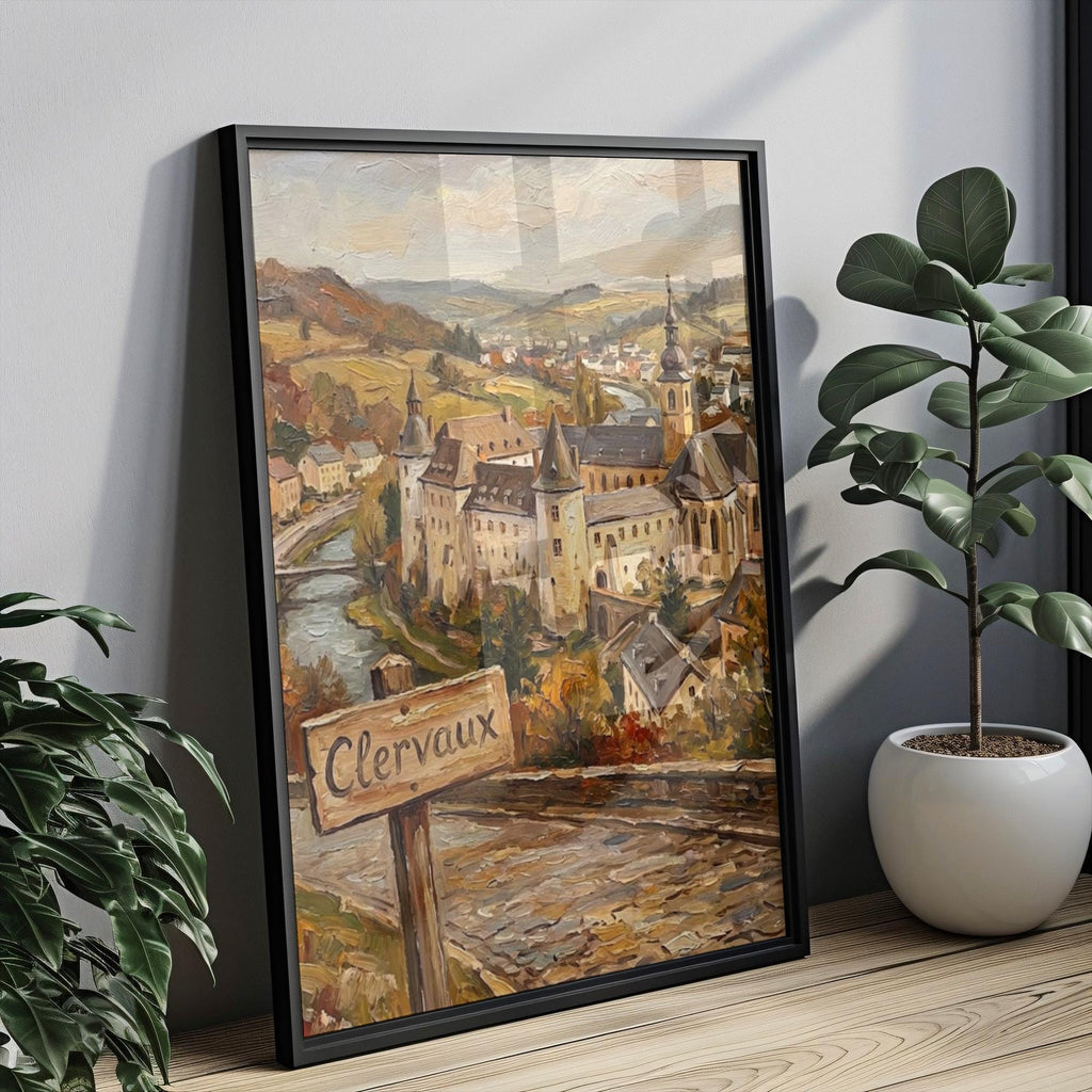 Clervaux Street Sign Art Print: Luxembourg Castle Town Travel Poster