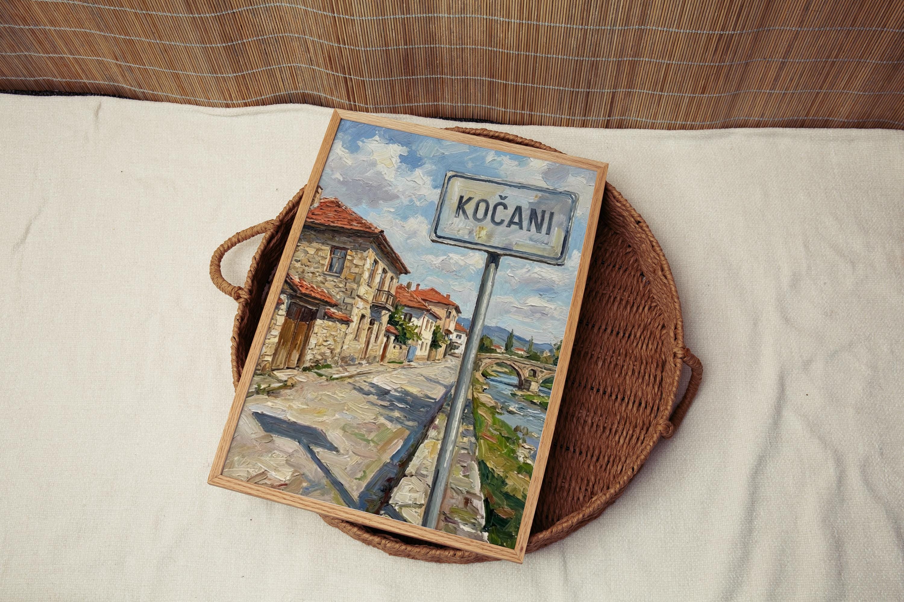 Kočani Oil Painting Art Print: North Macedonia Street Sign Travel Poster