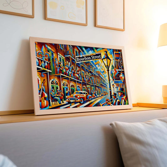Bourbon Street Wall Art Cubism Print - New Orleans Travel Poster, Unique Housewarming Gift, Vibrant NOLA Home Decor