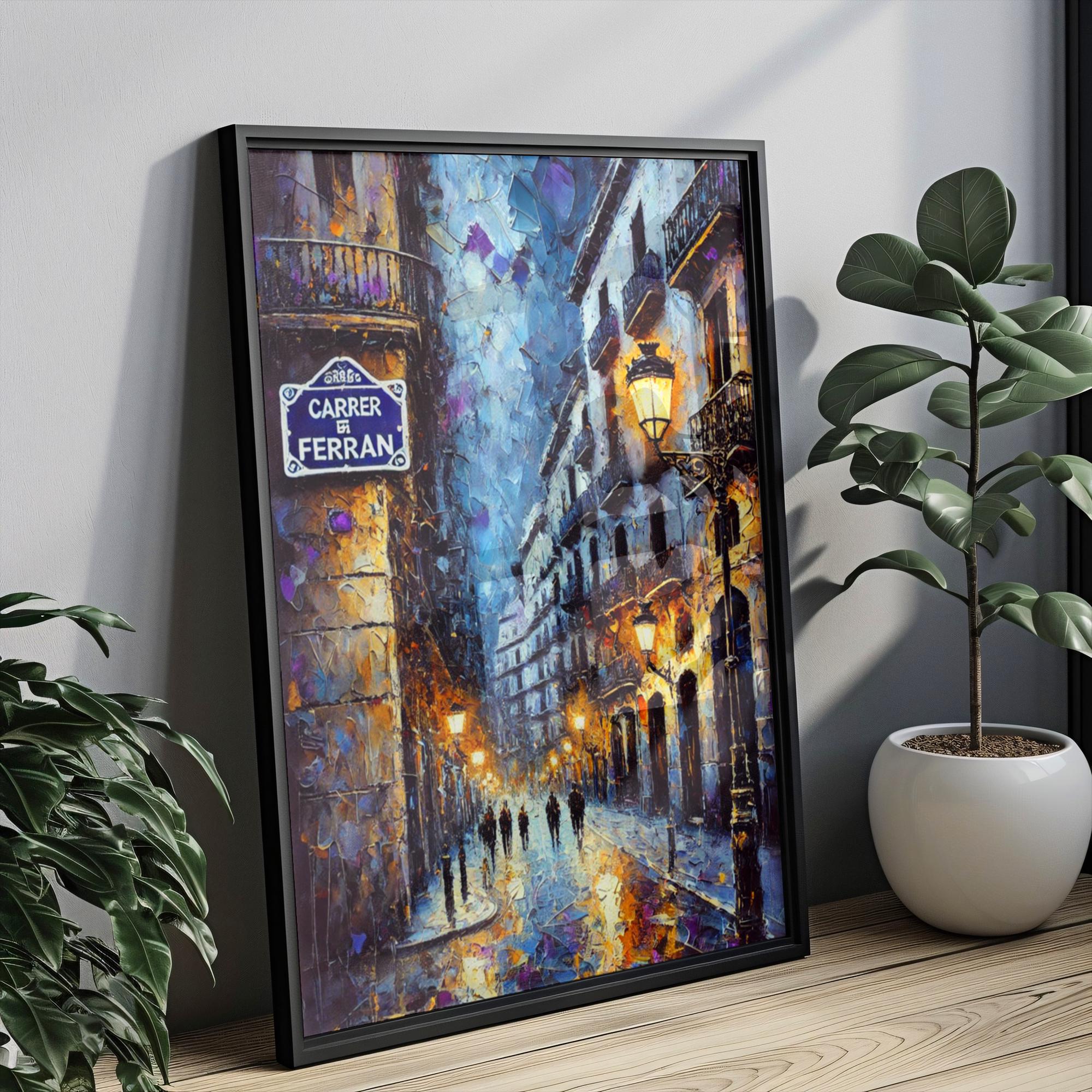 Carrer de Ferran Oil Painting Art Print: Barcelona Spain Street Sign Travel Poster