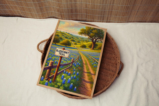 Bluebonnet Trail Wall Art Texas Hill Country Print Travel Poster US Gift Housewarming Decor
