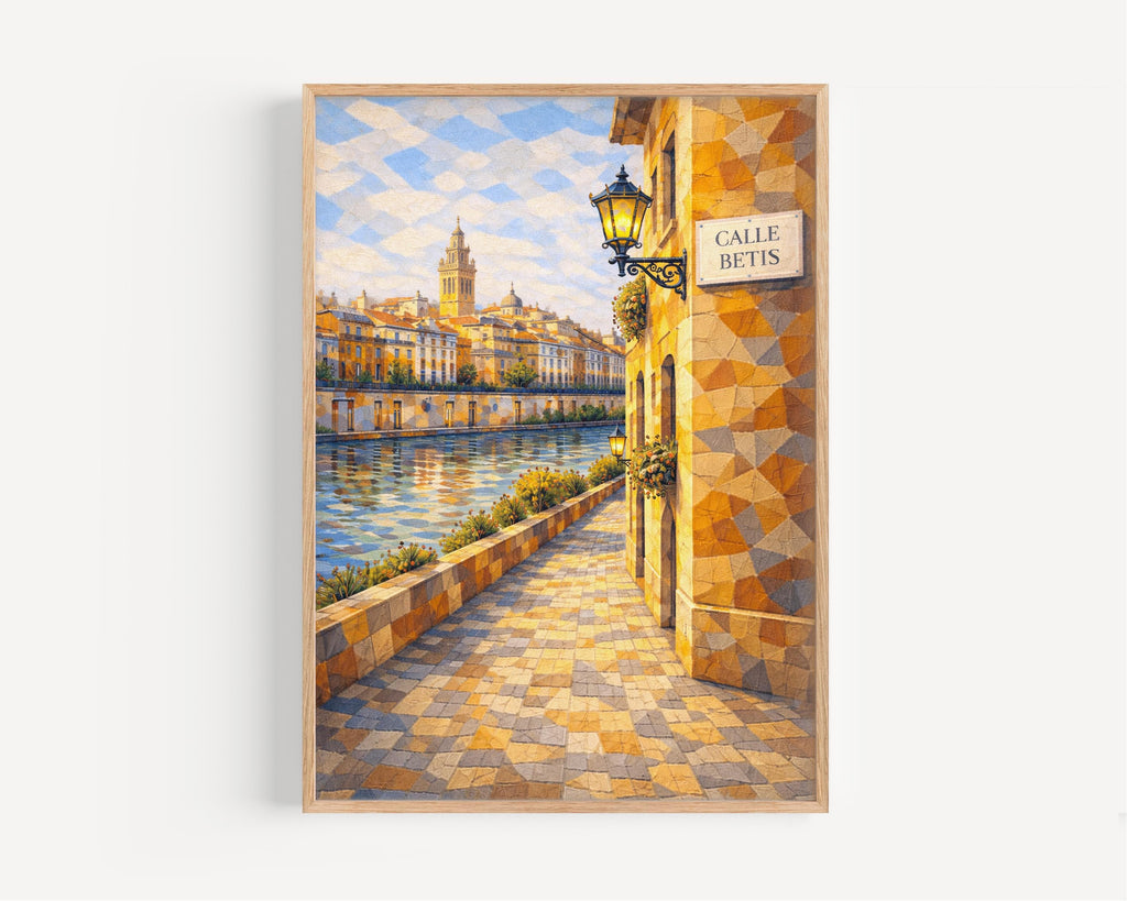 Calle Betis Oil Painting Art Print: Seville Riverside Flamenco District Travel Poster
