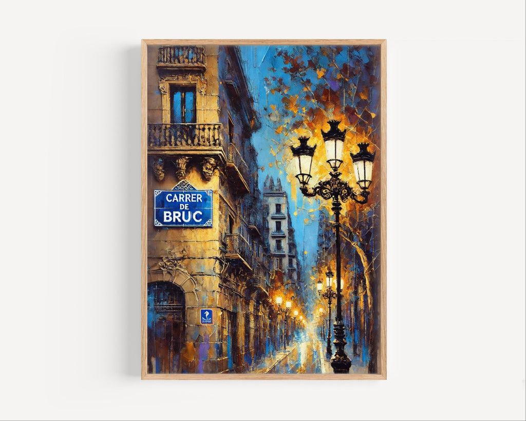 Carrer de Bruc Oil Painting Art Print: Barcelona Spain Street Sign Travel Poster