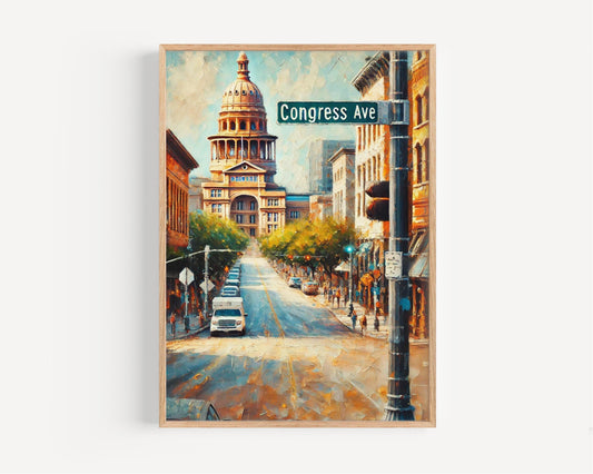 Texas Congress Ave Wall Art Print - Austin Travel Poster, Texas Gift, Housewarming Decor, Modern Texas Artwork for Home or Office