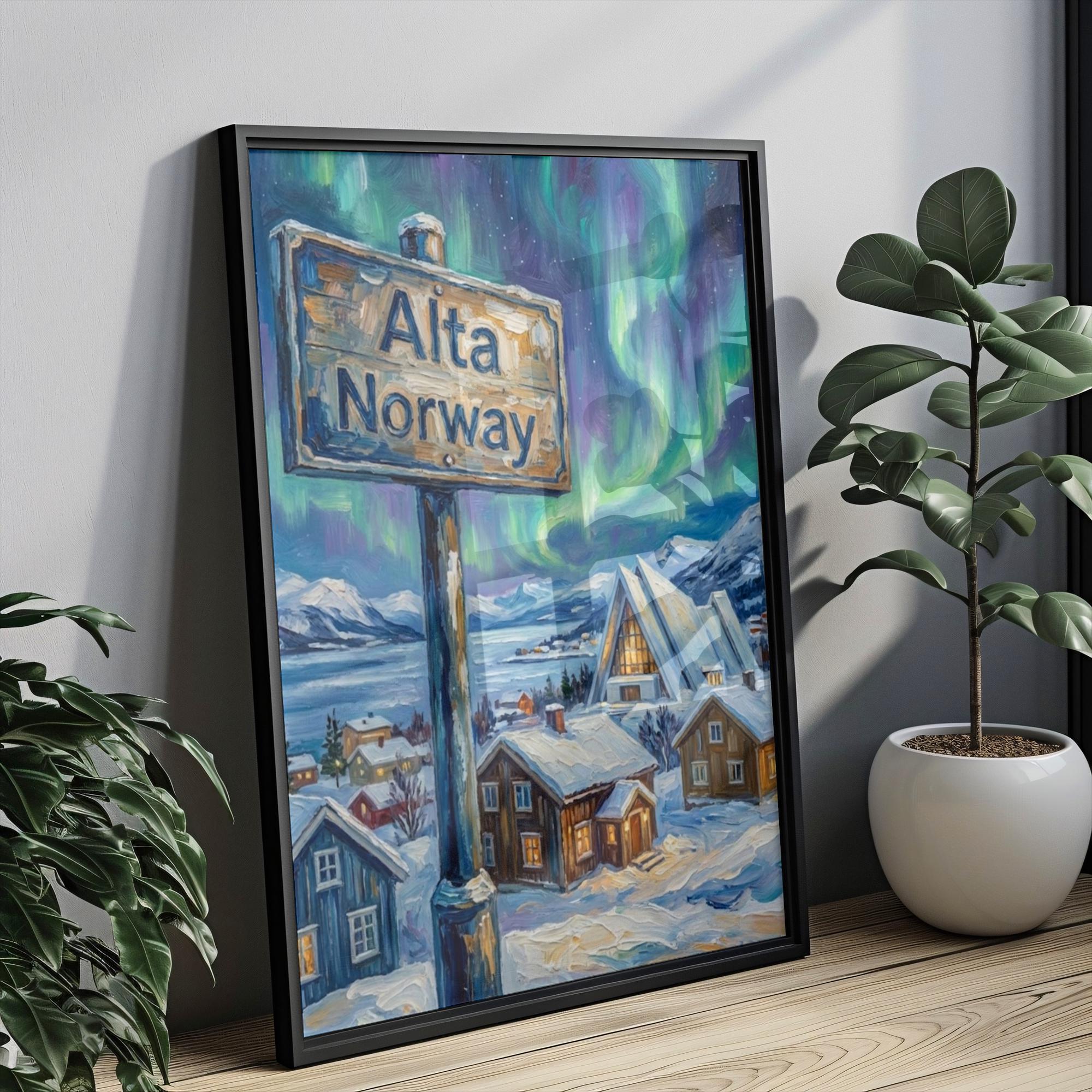 Alta Oil Painting Art Print: Norway Arctic Street Sign Travel Poster