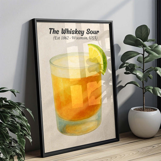 Whiskey Sour Cocktail Artwork, Drink Illustration, Bar Wall Decor, Vintage Style, Liquor Art, Home Bar Decor, Gift for Cocktail Lovers