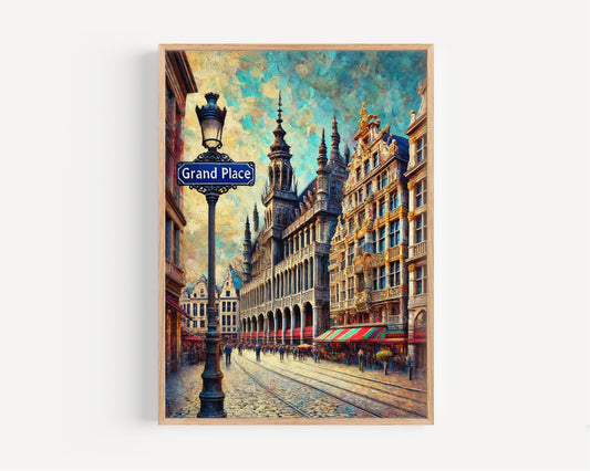 Grand Place Wall Art Print - Brussels Travel Poster, Belgium Gift, Housewarming Decor, European Cityscape Illustration