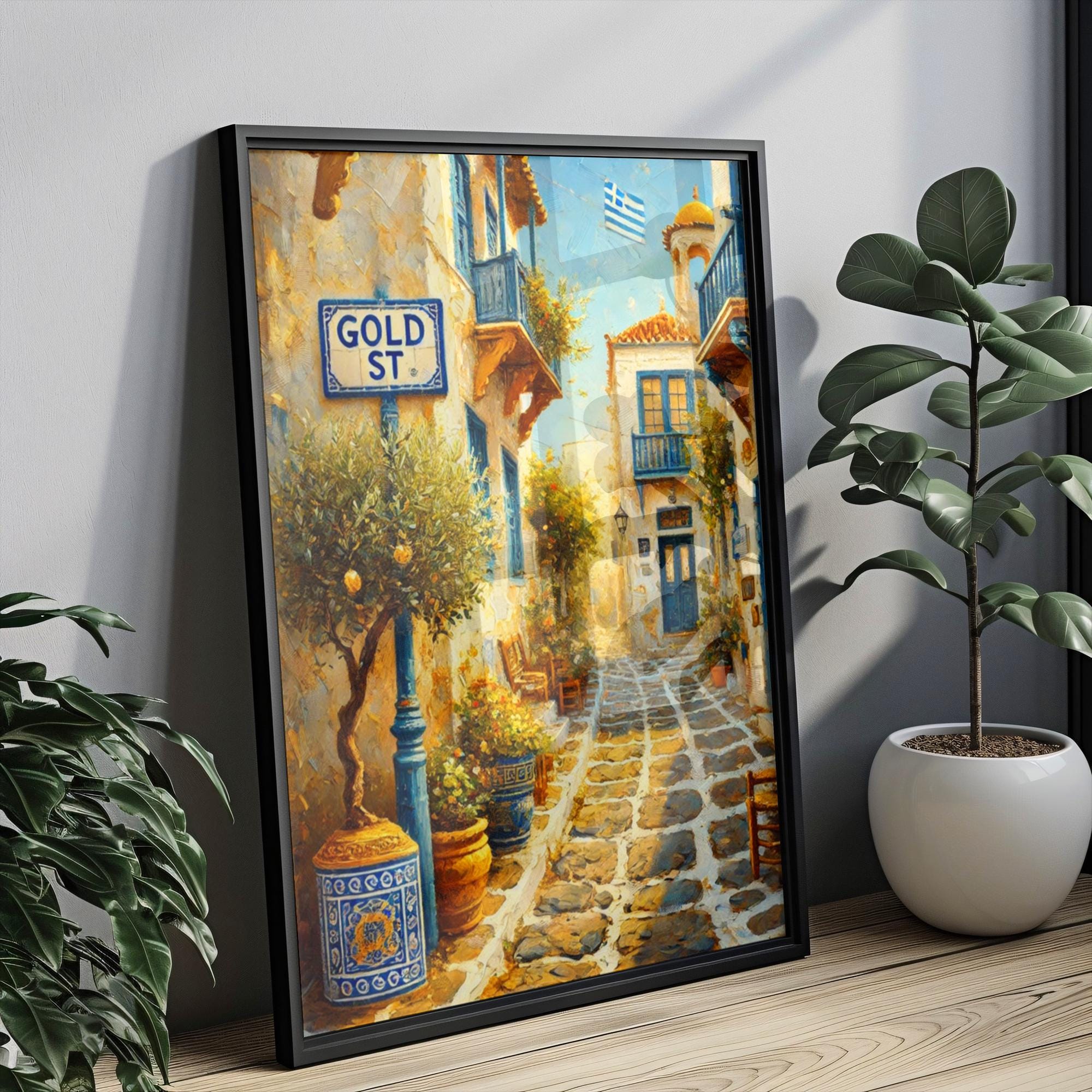 Gold Street Oil Painting Art Print: Athens Greece Street Sign Travel Poster