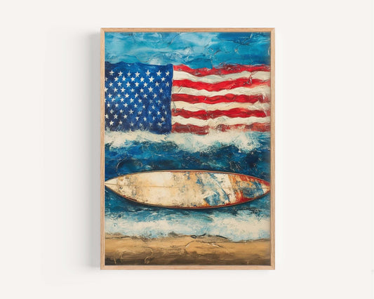Surfing Artwork USA Patriotic Wall Art Coastal Beach House Decor Summer Poster United States Home Decoration
