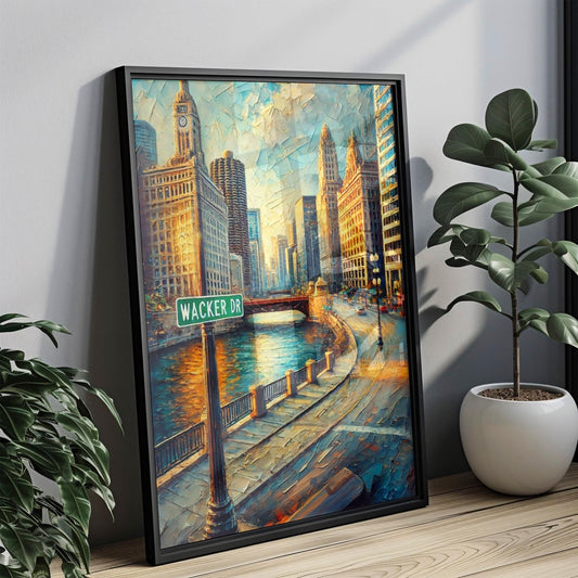 Chicago Wacker Drive Wall Art, Travel Print & Poster, Illinois Artwork, Housewarming Gift, Chicago City Decor, Travel Home Gift